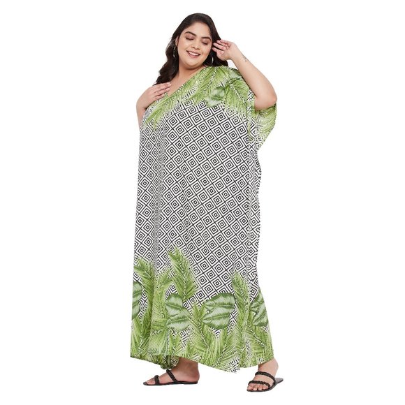 Gypsie Blu Leaf & Geometric Printed Plus Size Kaftan Dress Stylish Maxi Dresses - Picture 6 of 8